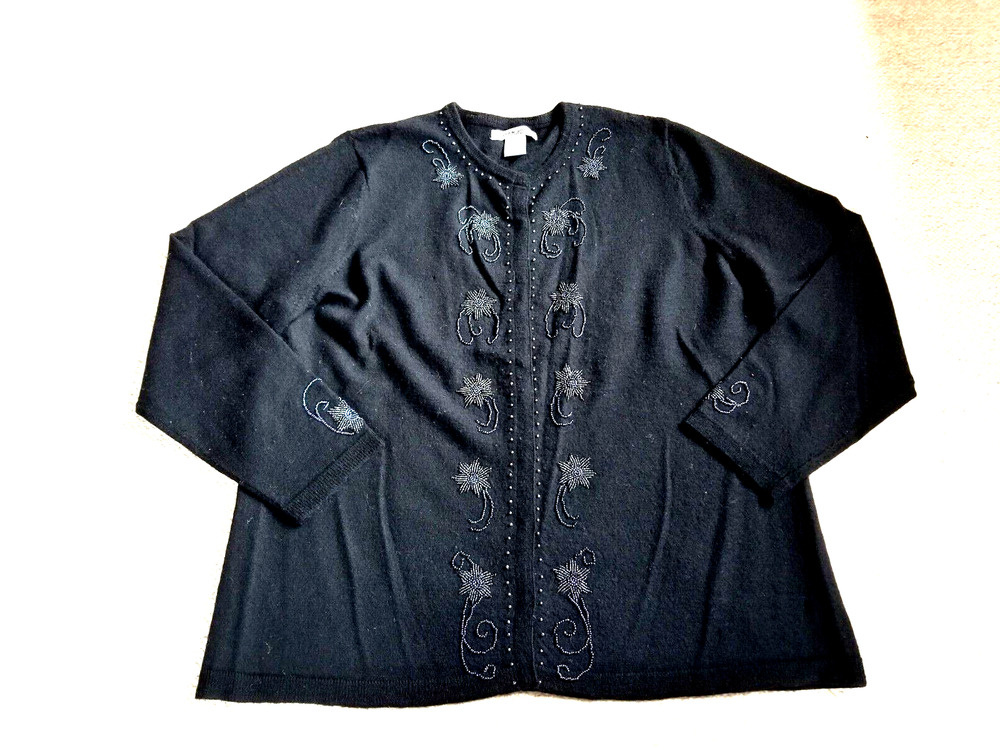 VINTAGE Womens Sweater-JILLIAN JONES-black lambswool beaded cardi dark Fairy-1X